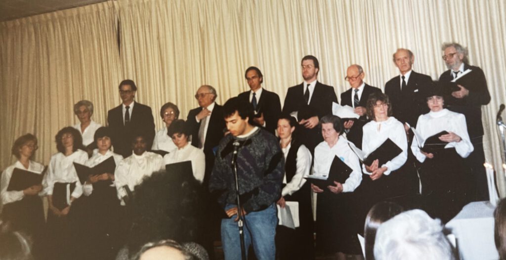 The Toronto Jewish Folk Choir performs at the annual Warsaw Ghetto Uprising commemoration at the Winchevsky Centre, 1990s
