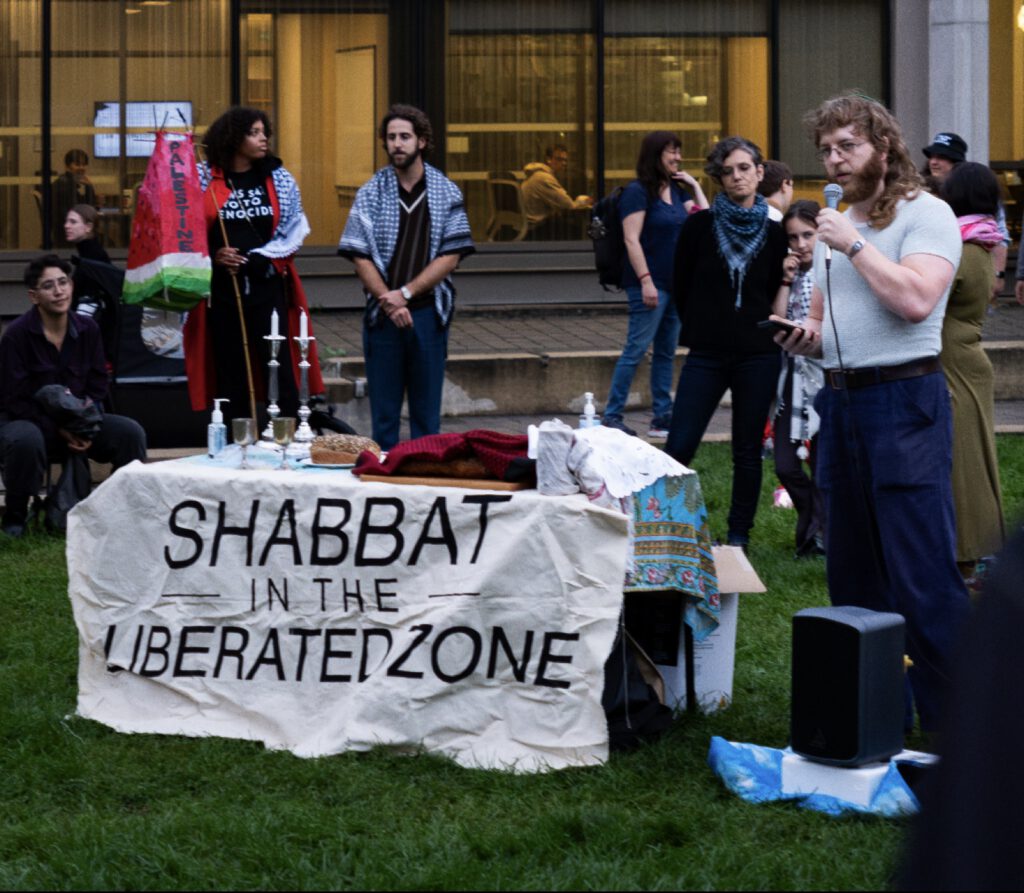 Members of UJPO regularly participated in weekly Shabbat ceremonies during the 2024 encampment at U of T protesting the Israeli invasion of Gaza