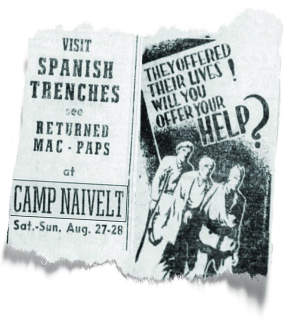 In 1938, Camp Naivelt hosted veterans of the Mackenzie Papineau Battalion who dug trenches to replicate the battlefields of Spain and held an anti-fascist carnival to raise money for returning wounded veterans