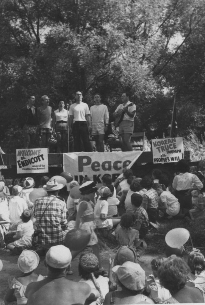 Members of the UJPO Youth Singers, seen here performing at a peace rally in the early 50’s, would later form The Travellers, central figures in the Canadian folk revival