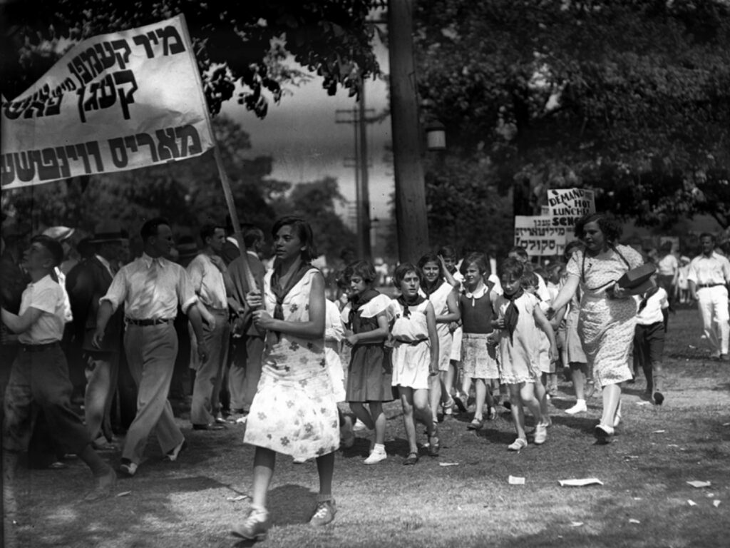 Children of Toronto’s Morris Winchevsky Shule (MWS) marching against fascism in the 1930s and demanding hot lunches in the public schools